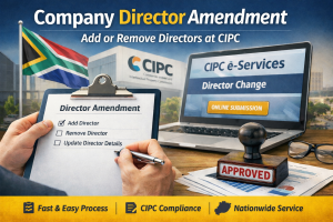 CIPC company director amendment process in South Africa showing online e-Services submission to add or remove company directors.