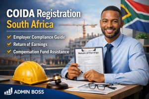 COIDA registration South Africa employer compliance guide showing Return of Earnings and Compensation Fund assistance by Admin Boss