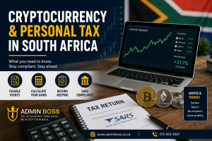 Cryptocurrency personal tax in South Africa concept showing Bitcoin, Ethereum and a SARS tax return on a desk.