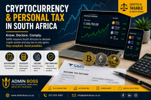 Cryptocurrency tax compliance in South Africa showing Bitcoin, Ethereum coins and a SARS income tax return.