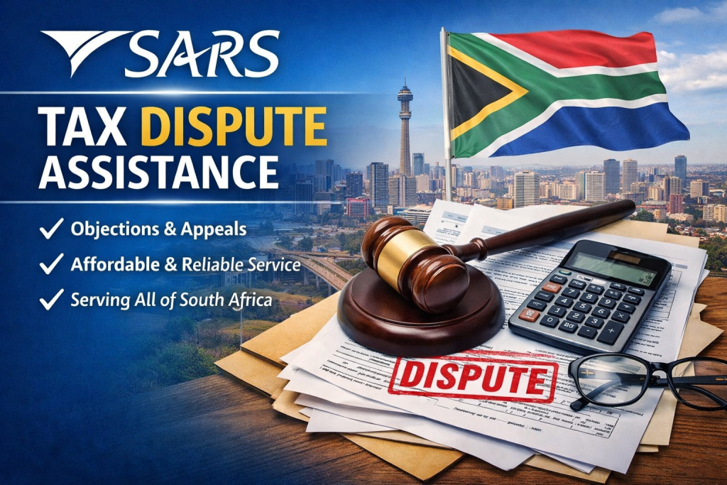 Tax Dispute Assistance (SARS) – Professional & Affordable Help Across South Africa 1 SARS tax dispute assistance in South Africa with documents, calculator, and legal gavel representing objections and appeals services.