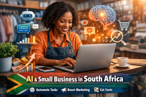 Small business owner in South Africa using AI tools on a laptop