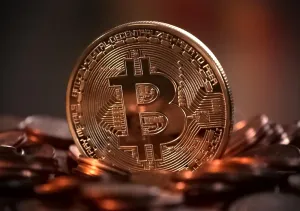 Gold bitcoin coin with the ₿ symbol representing cryptocurrency and digital money