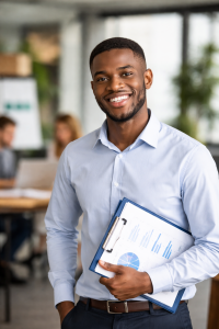Black entrepreneur holding business documents in a modern office representing starting a company in South Africa