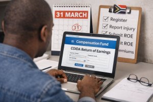 South African small business owner submitting COIDA return of earnings online before the deadline