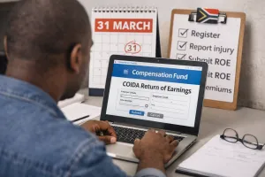 South African small business owner submitting COIDA return of earnings online before the deadline