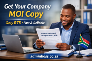 Obtain a Copy of Your Company’s Memorandum of Incorporation (MOI) – Only R75 1 Entrepreneur reviewing a Memorandum of Incorporation document for company records in South Africa.