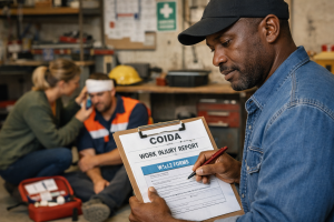 Small business owner Lucky reviewing COIDA paperwork after a workplace injury incident