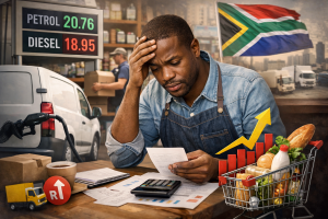 South African business owner reviewing rising petrol and diesel costs affecting deliveries and consumer prices