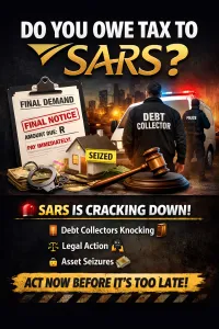 SARS tax debt warning showing final demand notice, debt collector, and asset seizure risk in South Africa