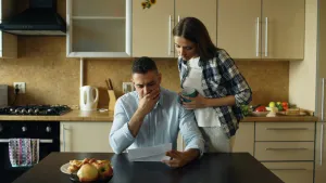 Couple reviewing overdue bills and tax documents with worried expressions