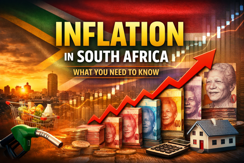 Inflation in South Africa concept showing rising prices, Rand banknotes, and an upward economic graph