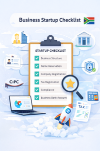 Business startup checklist illustration showing company registration, tax compliance, and business setup steps in South Africa.