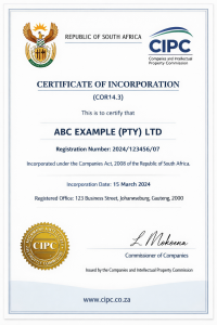 CIPC company registration certificate COR14.3 South Africa example