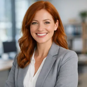 happy red headed businesswoman professional smiling portrait representing reliable remote business services in South Africa