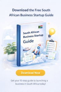 Free South African business startup guide book illustration with checklist, rocket launch, and company registration icons.