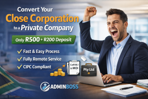 Business owner celebrating with raised fist after converting a close corporation to a private company with Admin Boss CIPC service in South Africa