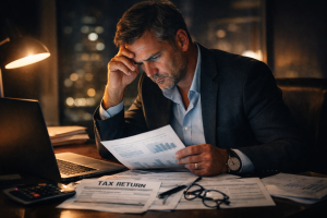Business owner reviewing tax documents at night worried about SARS tax debt and financial statements.
