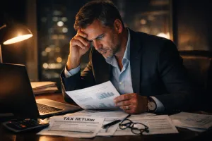 Business owner reviewing tax documents at night worried about SARS tax debt and financial statements.