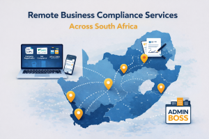 Map of South Africa showing remote CIPC, SARS, UIF and COIDA compliance services provided nationwide by Admin Boss.
