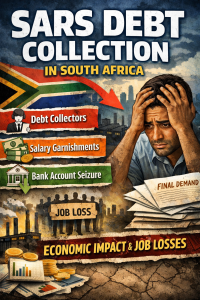 SARS debt collection in South Africa illustration showing salary garnishments, debt collectors, bank account seizure and economic impact on consumers.