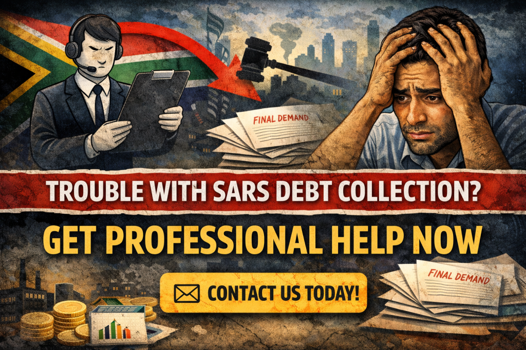 SARS debt collection in South Africa illustration with a stressed taxpayer, debt collector, final demand notices, and a call to get professional help.