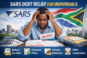 SARS debt relief for individuals in South Africa showing taxpayer with final notice and options for payment plans and tax debt reduction