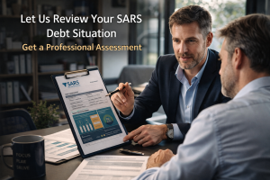 Tax consultant explaining SARS debt relief options to a business owner during a financial consultation.