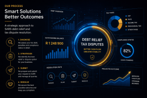 Digital dashboard showing SARS debt relief process with charts, tax types, compliance status and financial analytics.