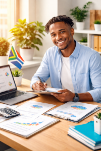 South African entrepreneur reviewing a business startup checklist at a desk with laptop and documents.