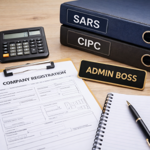 Company registration and compliance workspace showing CIPC and SARS documents for Admin Boss services in South Africa