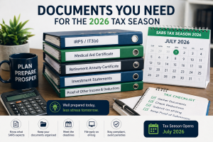 Documents required for the 2026 SARS tax season including IRP5, medical aid certificate and investment statements
