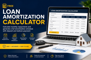 Loan amortization calculator showing monthly repayments, interest and capital breakdown on a laptop screen.