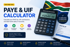 PAYE and UIF calculator for South Africa showing tax deductions and take-home salary calculation.