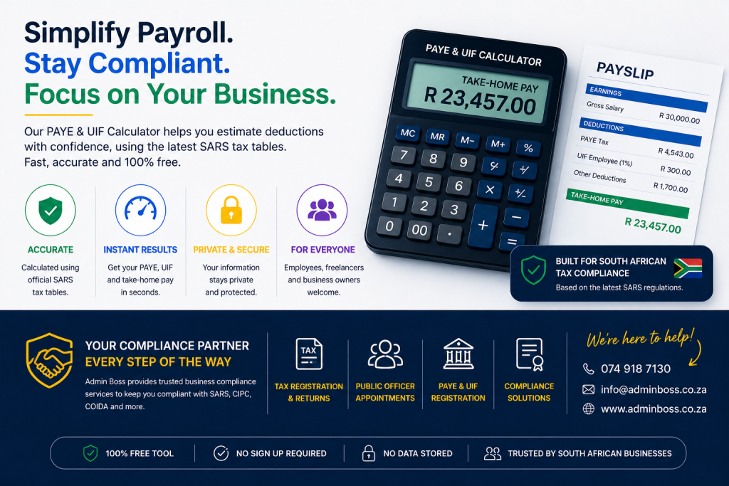 PAYE and UIF payroll calculator with payslip and tax compliance information for South African employees and businesses.