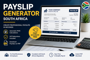 Payslip generator tool showing employee payslip with PAYE and UIF deductions for South African payroll.