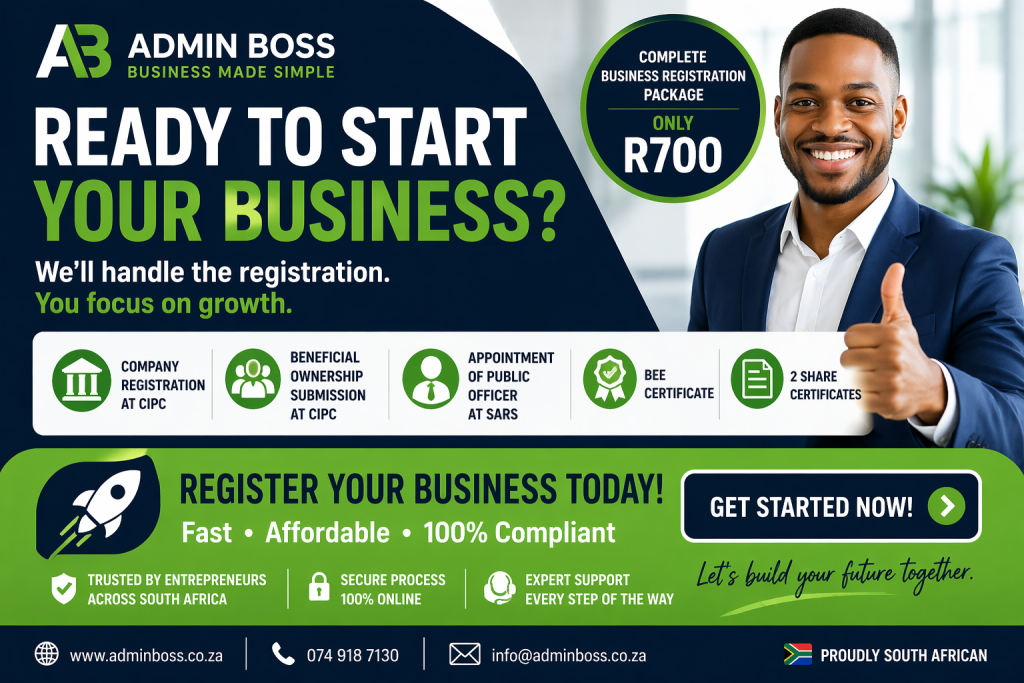 Register your business in South Africa CTA banner with Admin Boss company registration package R700