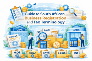Illustration explaining South African business registration and tax terminology including CIPC, SARS, VAT and PAYE