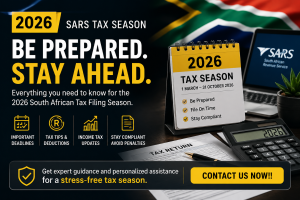 Admin Boss 2026 SARS tax season banner with South African flag, tax return documents, calculator and strong contact us now call to action.