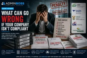 Admin Boss case study showing the serious consequences of company non-compliance in South Africa including SARS tax debt, CIPC penalties, UIF issues and legal risks.
