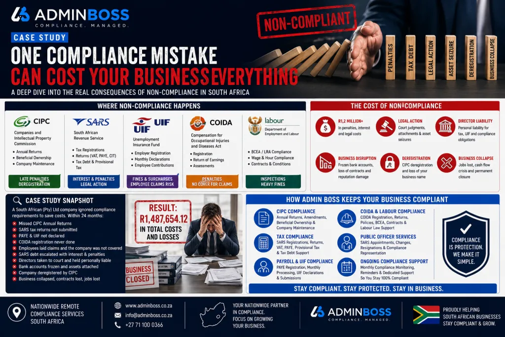 Admin Boss South Africa compliance case study showing how one compliance mistake can lead to SARS penalties, CIPC deregistration, legal action and business collapse.