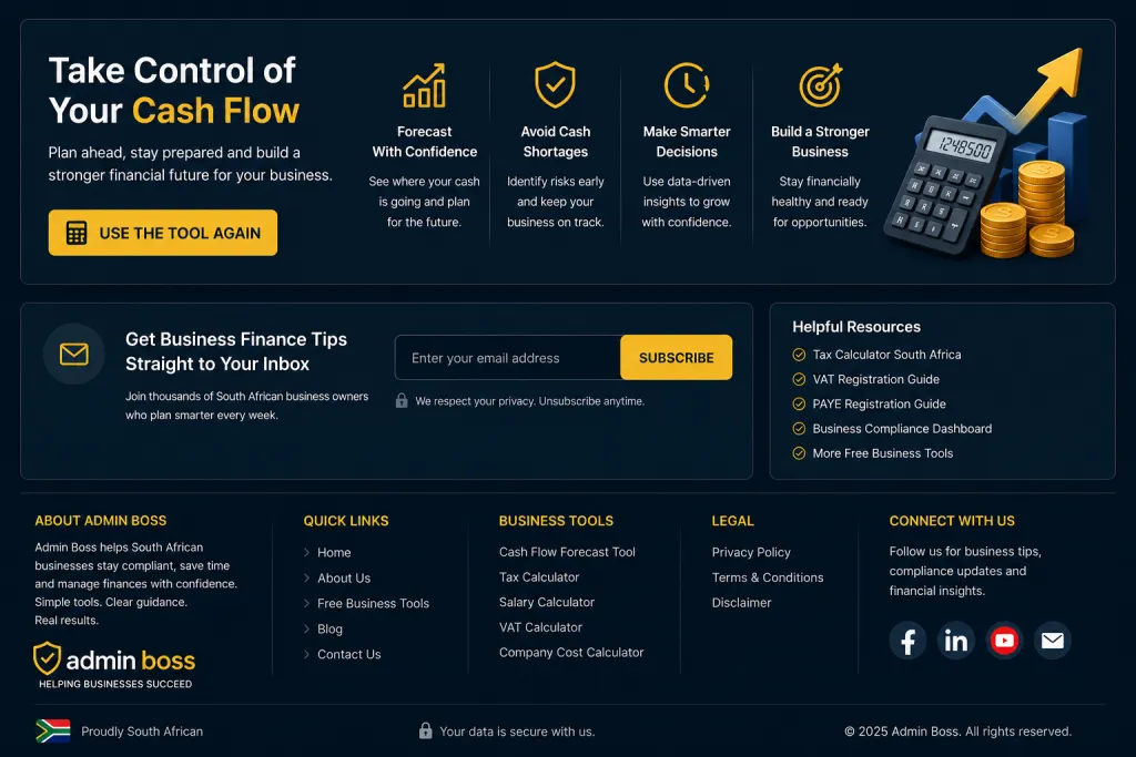 Cash flow forecast dashboard and financial planning banner for South African businesses