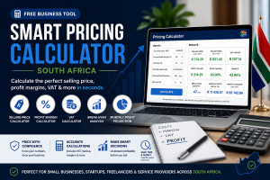 Smart Pricing Calculator South Africa showing VAT, markup, break-even and profit margin calculations for businesses