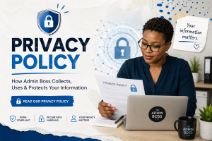 Admin Boss Privacy Policy page banner showing secure data handling, privacy protection, POPIA compliance and customer information security in South Africa.
