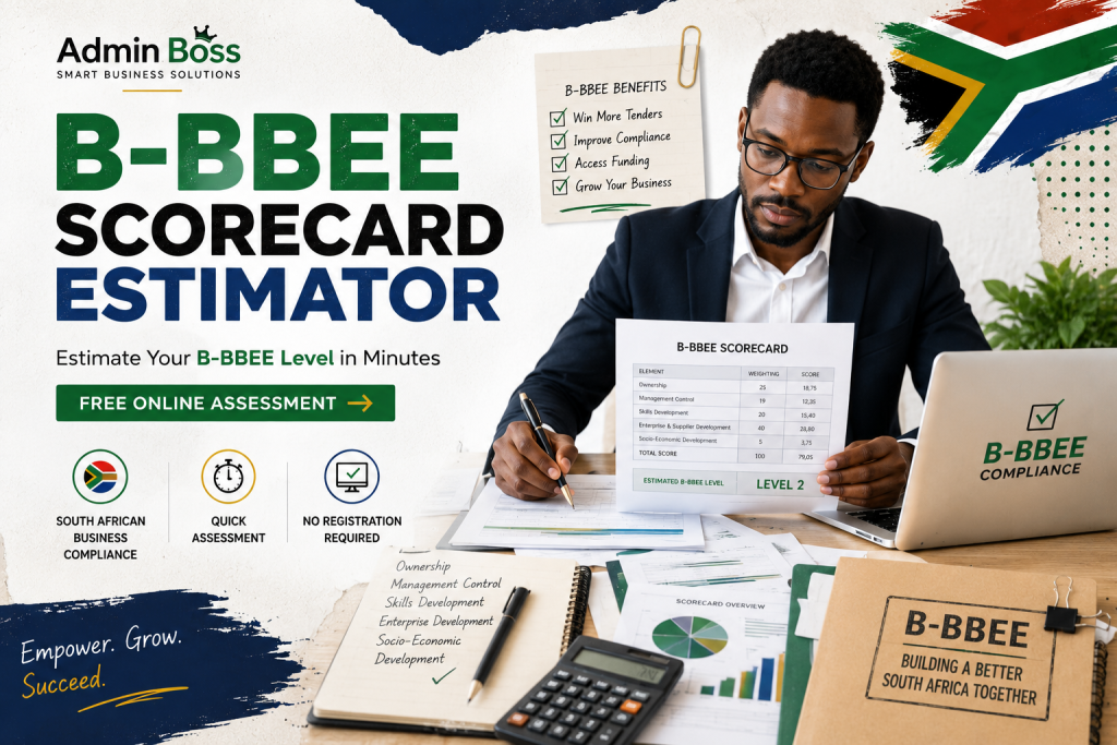 Professional South African entrepreneur reviewing a B-BBEE scorecard assessment with compliance documents and business reports.