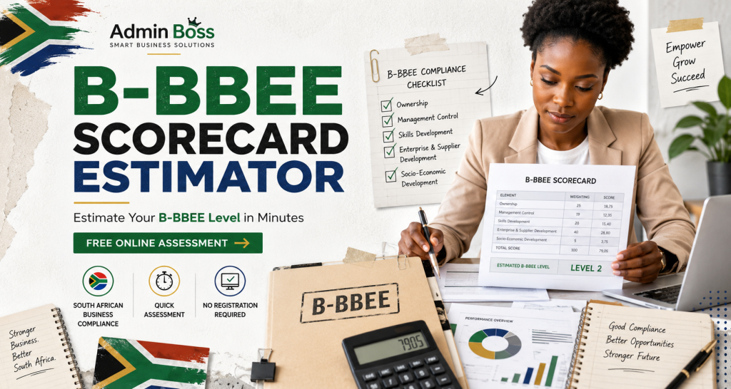 B-BBEE scorecard estimator for South African businesses with compliance checklist and scorecard assessment.