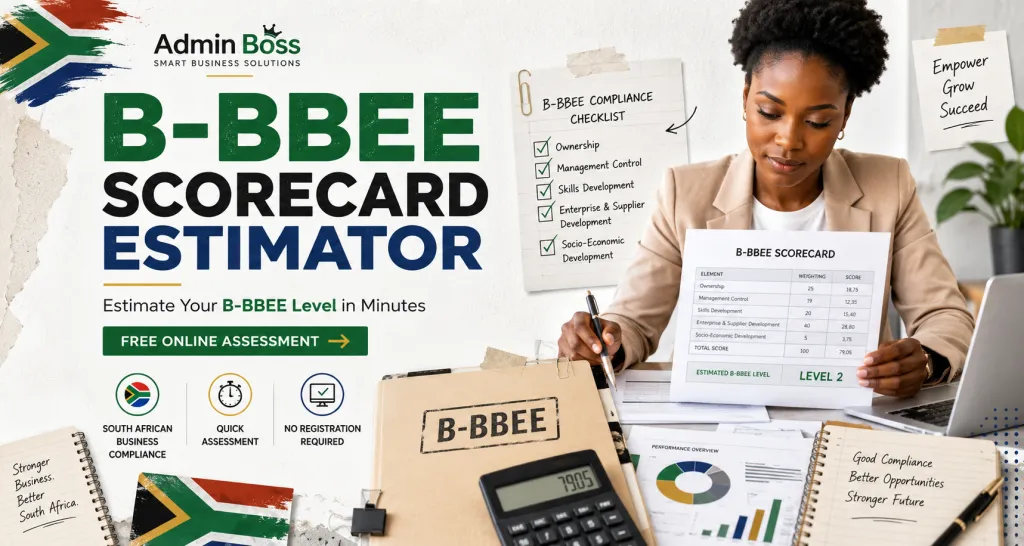 B-BBEE scorecard estimator for South African businesses with compliance checklist and scorecard assessment.