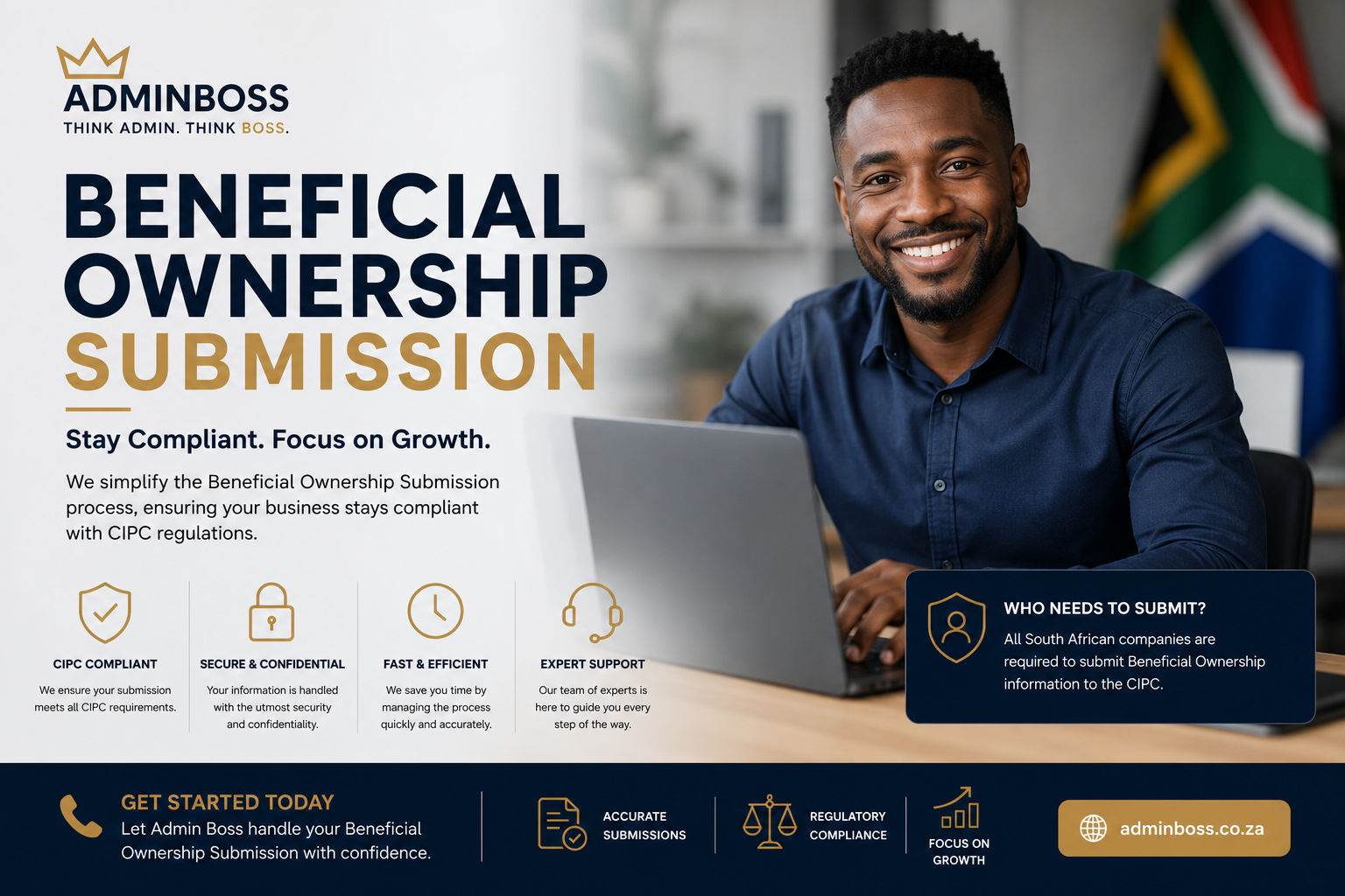 South African business owner successfully completing beneficial ownership submission with AdminBoss