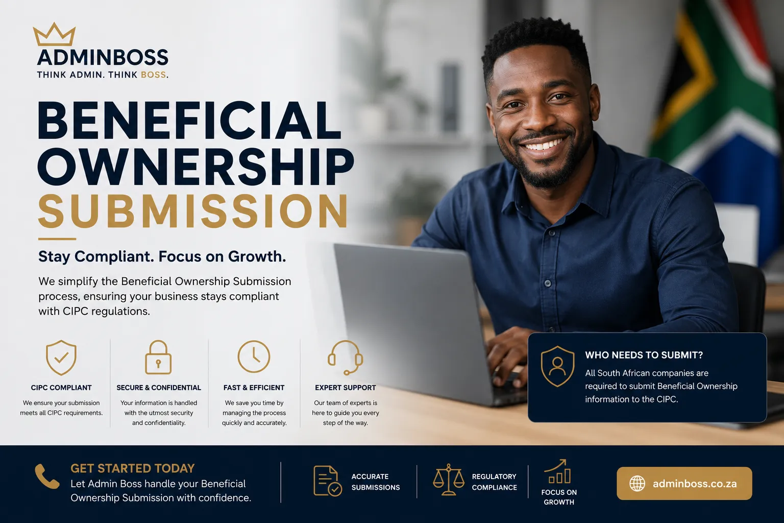 South African business owner successfully completing beneficial ownership submission with AdminBoss