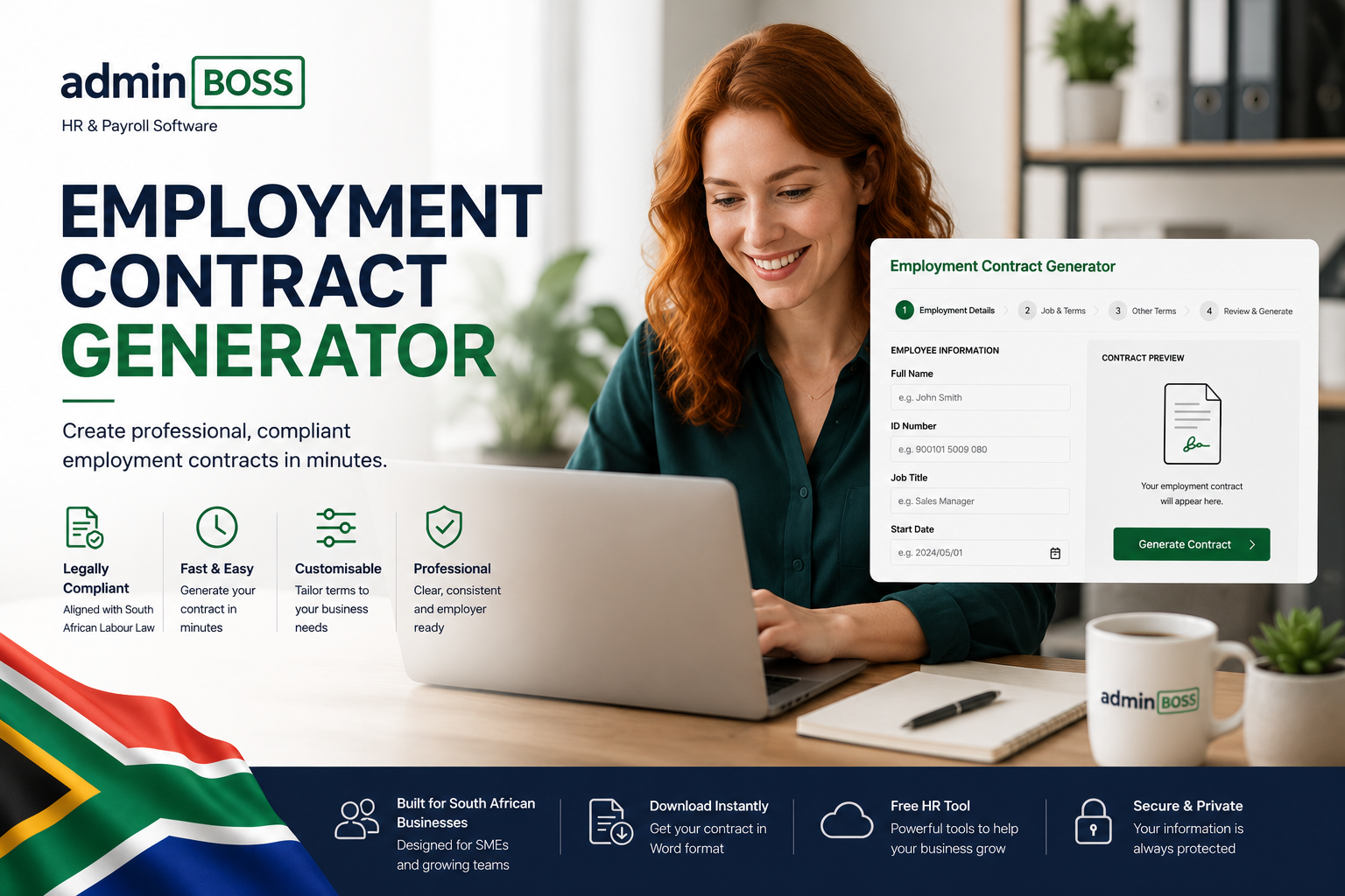 Professional woman reviewing employment contract documents on laptop - AdminBoss contract generator tool
